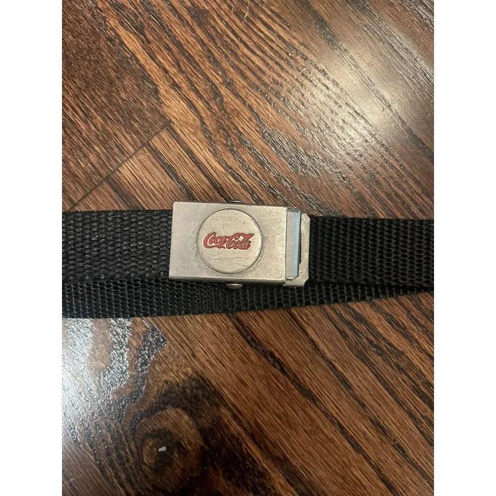 Vintage Coca Cola‎ Logo Black Canvas Belt & Buckle 1970's